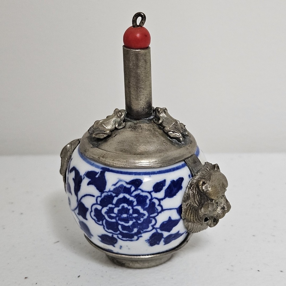 Antique 19th Century Chinese Tibetan Pewter Porcelain Snuff Bottle Blue White - Picture 3 of 11